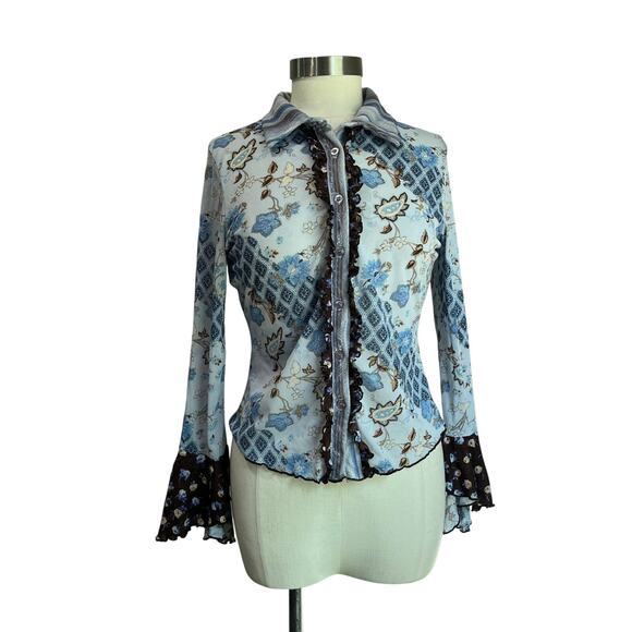 Y2K Paisley Blue Mixed Media Ruffled Hippie Vintage Button Down Blouse Sz L - Picture 1 of 9